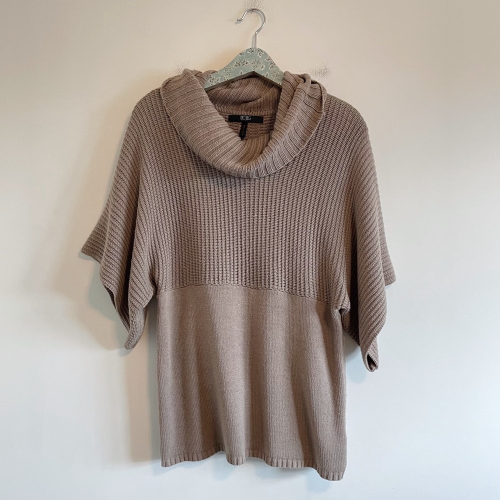 BCBG Tan Cowl Neck Short Sleeve Sweater
